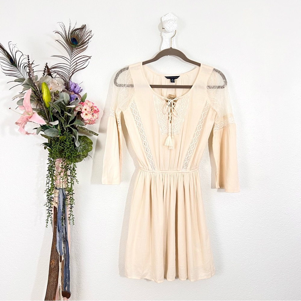 NWT American Eagle Cream Lace Bell Sleeve Bohemian Cottage Core Dress Tunic Top